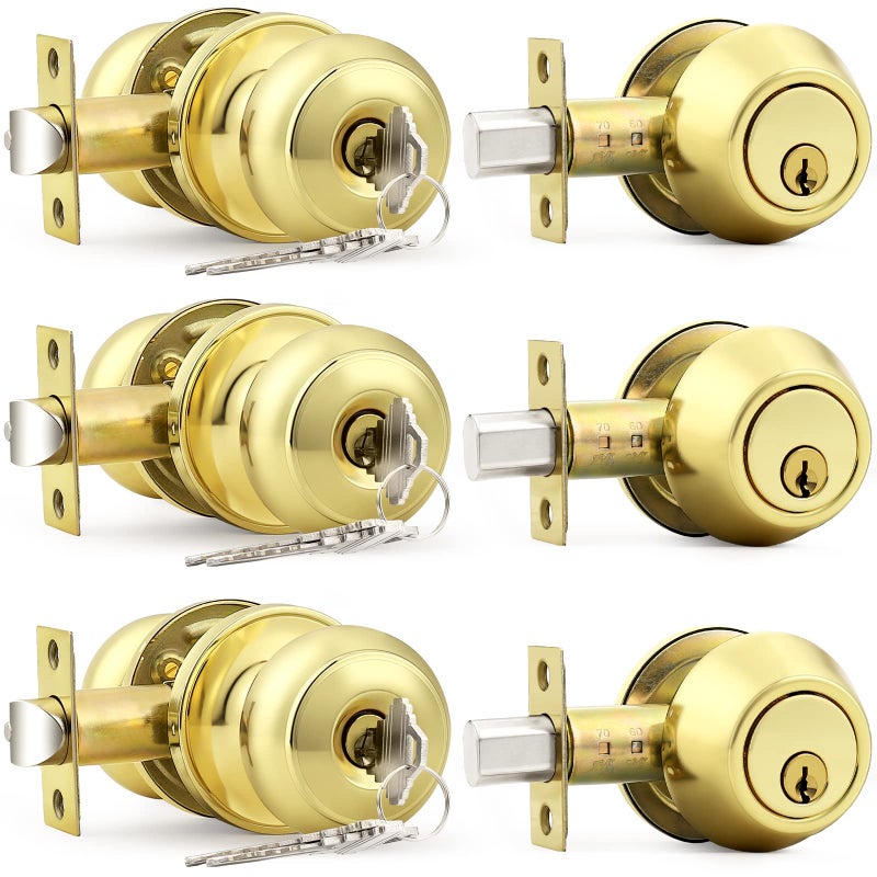 Probrico Polished Brass Entry Door Knob Lock Set and Single Cylinder Deadbolt Combination Set, Keyed Alike, 3 Pack - Image 1